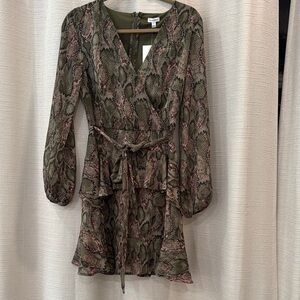 Love Fire Green Pink Snake Faux Wrap  long Sheer Sleeve Dress Size M
